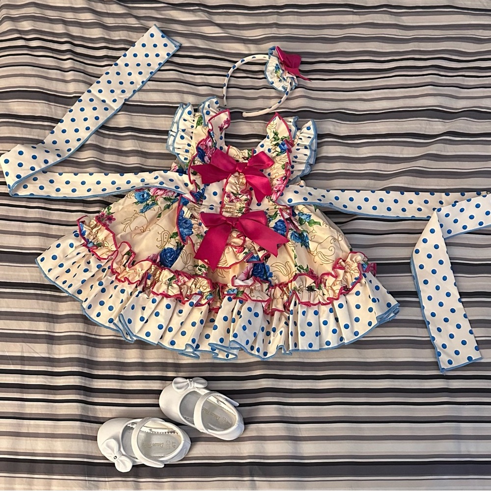 Full outfit Ruffle Layered dress, headband and shoes 2 y o toddler
